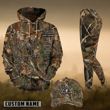 Maxcorners Hunting Whitetail Deer Forest Camo Personalized 3D Combo Hoodie, Legging Set & Cap