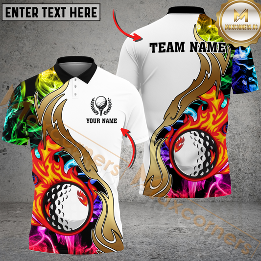Maxcorners Fire & Smoke Golf Ball Golden Pattern Multicolor Customized Name, Team Name 3D Shirts