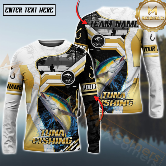 Maxcorners Angler Fishing Team Personalized Name, Team Name 3D Long Sleeve Shirt (Mahi-mahi, Tuna, Chinook, Marlin, Striped Bass, Salmon)