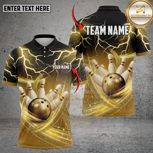 Maxcorners Bowling Polo Shirt Golden Lightning Bowling Ball Multicolor Options Personalized Name, Team Name 3D Shirt (4 Colors)