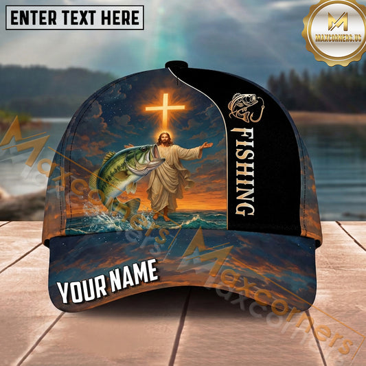 Maxcorners Fishing Faith Cross Jesus Personalized Name 3D Cap (12 Fish Species)