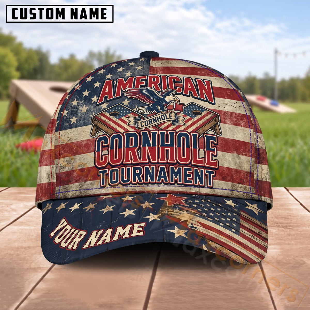 Maxcorners Cornhole American Cornhole Tournament Flag Personalized Name 3D Cap