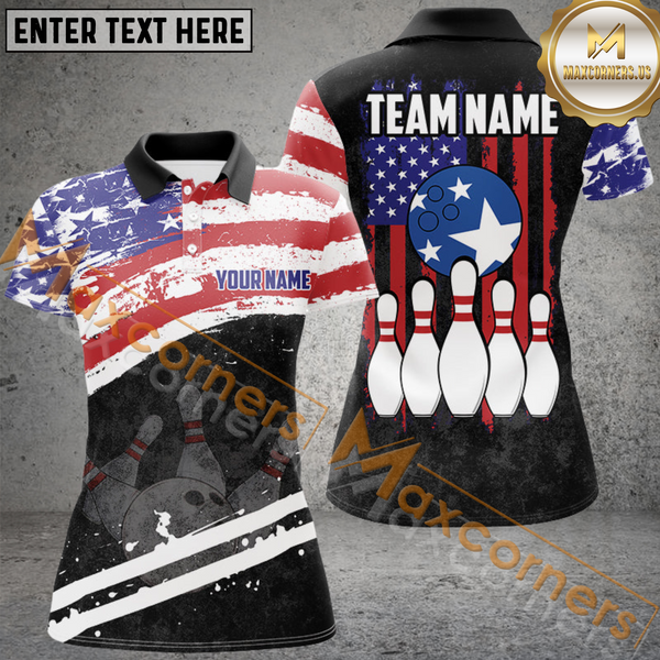 Maxcorners Retro American Flag Bowling Jersey Customized Name, Team Name 3D Shirt