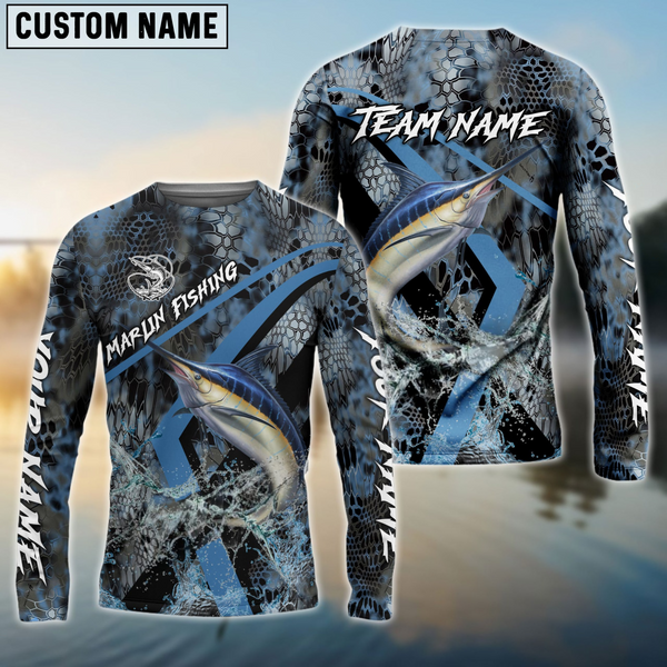 Maxcorners Marlin Fishing Dark Skin Personalized Name, Team Name 3D Long Sleeve Shirt