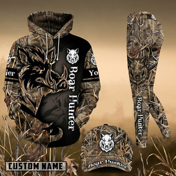 Maxcorners Hunting Wild Boar Hunter Black Brown Camo Personalized 3D Combo Hoodie, Legging Set & Cap