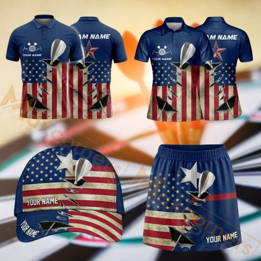 Maxcorners Darts American Flag Vintage Dartboard Design Personalized Team Sportswear Set - Polo Shirt, Cap & Skorts