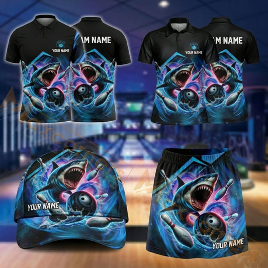 Maxcorners Bowling Shark Thunder Lightning Design Personalized Team Sportswear Set - Polo Shirt, Cap & Skorts