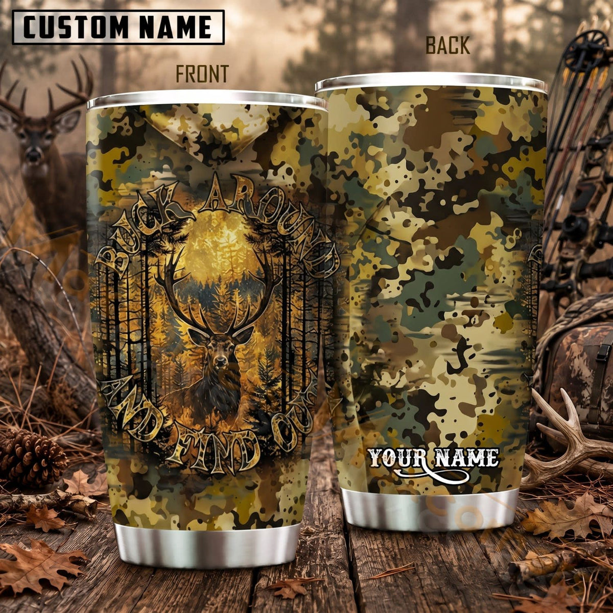 Maxcorners Hunting Deer Woodland Forest Camouflage Personalized Name 3D Tumbler