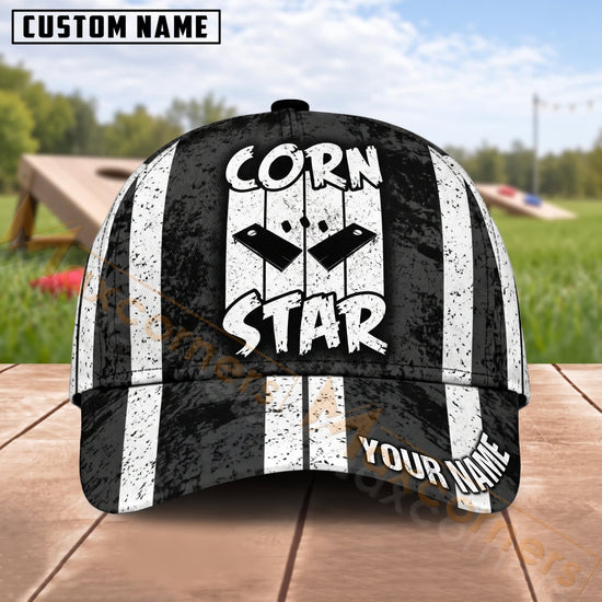 Maxcorners Cornhole Corn Star Black & White Stripe Design Personalized Name 3D Cap