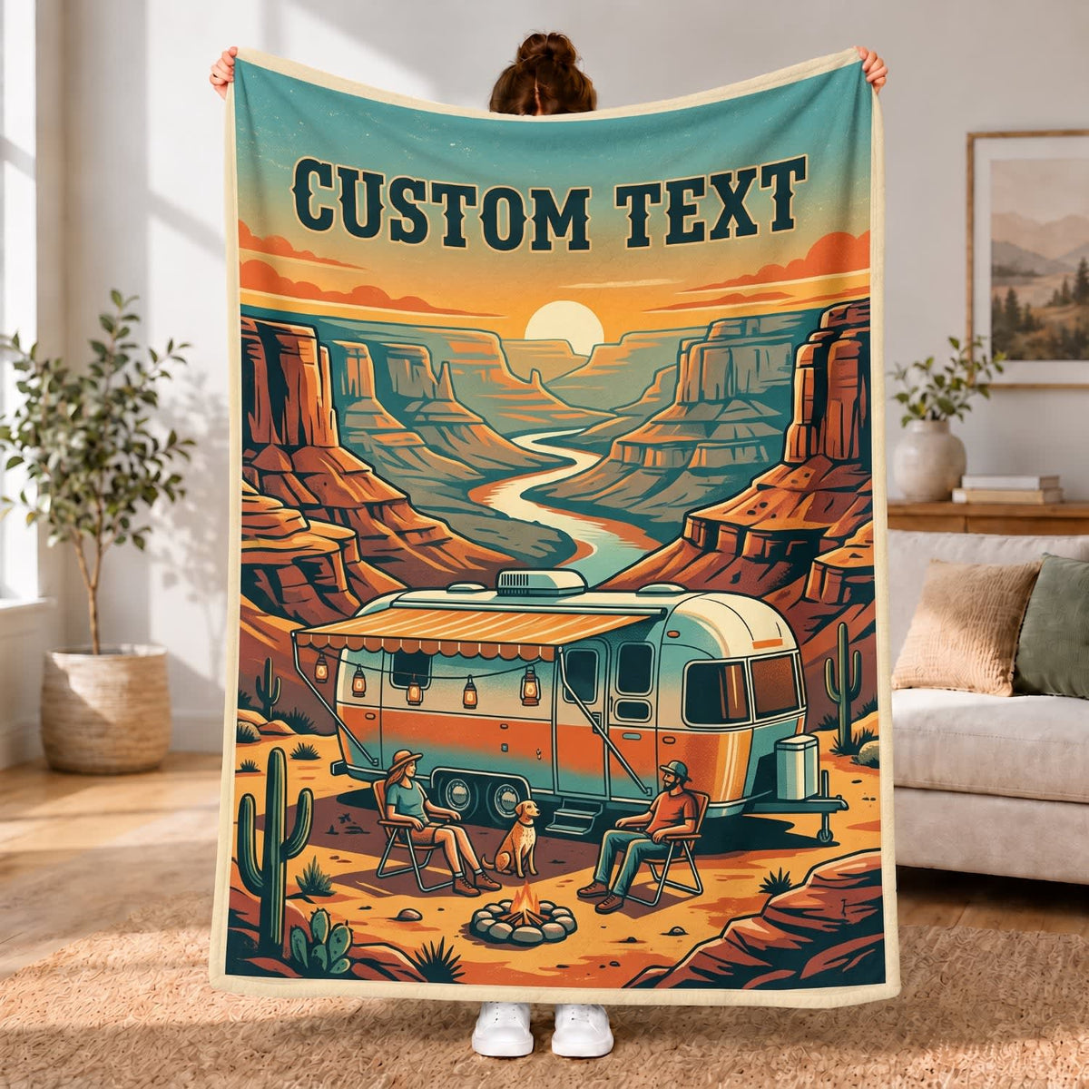 Maxcorners RVs Travel Trailer Retro Desert Canyon Custom Name 3D Blanket