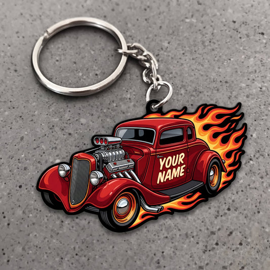 Maxcorners Hot Rod Red Classic Roadster with Flaming Rear Fenders Personalized Name 3D Keychain And Ornament