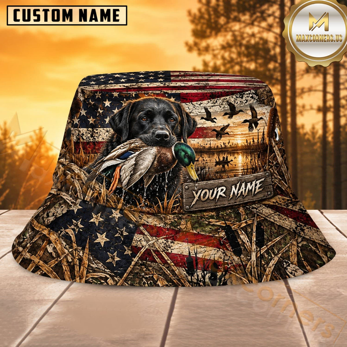 Maxcorners Deer Hunting American Flag Woodland Personalized Name 3D Bucket Hat