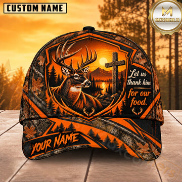 Maxcorners Deer Hunting Whitetail Buck Let Us Thank Him for Our Food Side Quote Orange Camo Customized Name 3D Cap