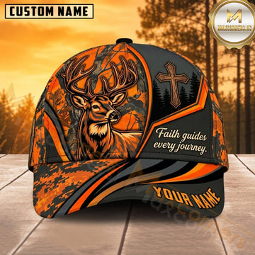 Maxcorners Deer Hunting Whitetail Deer Skull Faith Quote Orange Black Woodland Camo Customized Name 3D Cap