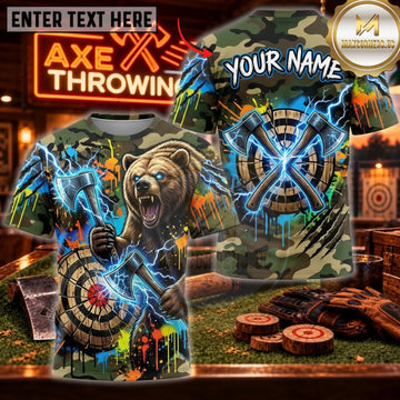 Maxcorners Axe Throwing Blue Lightning Grizzly Bear Personalized Name 3D Unisex Shirt