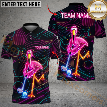 Maxcorners Neon Flamingo Night Golf Polo Personalized Name, Team Name 3D Shirt (4 Colors)