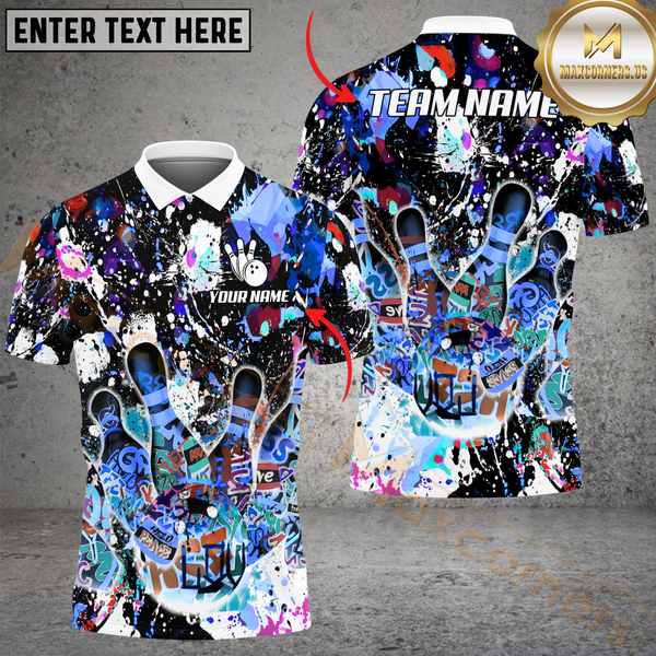 Maxcorners Black Graffiti Splash Paint Bowling Jersey Customized Name, Team Name 3D Polo Shirt