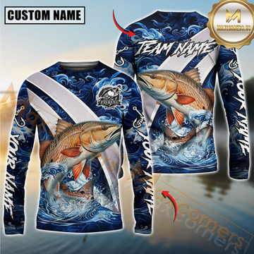 Maxcorners Redfish Fishing Blue Lava Smoke Silver Line Design Custom Name & Team Name 3D Shirts