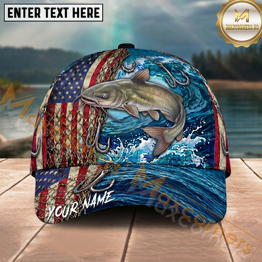 Maxcorners Fishing American Flag Wave Hook Personalized Name 3D Cap (12 Fish Species)