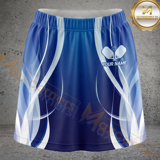 Maxcorners Pickleball Royal Blue Flowing Ribbon Paddle Personalized 3D Skort, Skirts With Shorts