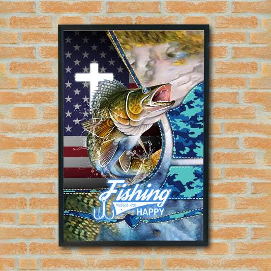 Maxcorners Walleye Fishing Faith Cross USA Flag Art Personalized Name 3D Poster