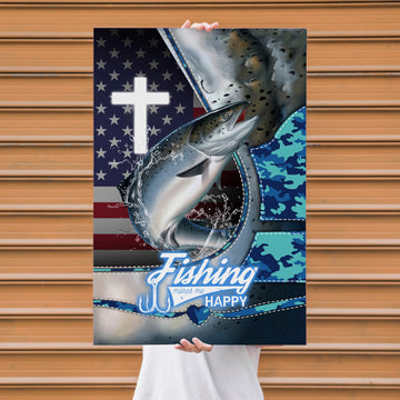 Maxcorners Salmon Fishing Faith Cross USA Flag Art Personalized Name 3D Poster