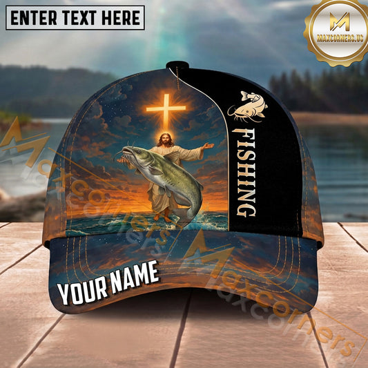 Maxcorners Fishing Faith Cross Jesus Personalized Name 3D Cap (12 Fish Species)