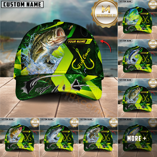 Maxcorners Fishing Green Neon Hook Splash Multiple Options Personalized Name 3D Cap (12 Fish Species)