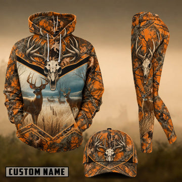 Maxcorners Hunting Whitetail Deer Skull Orange Forest Camo 3D Combo Hoodie, Legging Set & Cap