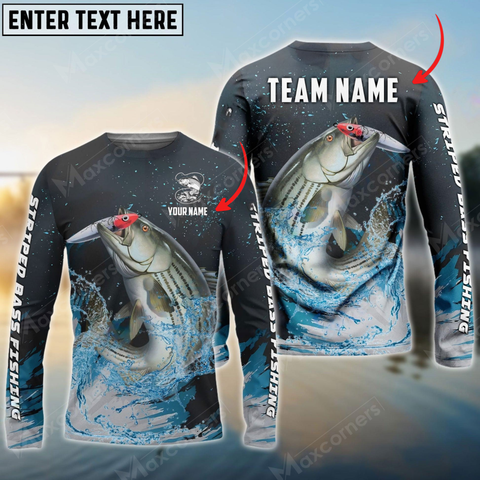 Maxcorners Striped Bass Fishing Dark Blue Sport Personalized Name, Team Name 3D Long Sleeve Shirt