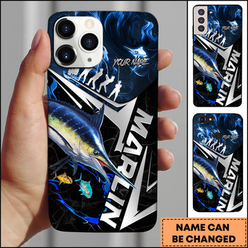 Maxcorners Blue Marlin Fishing Blue Smoke Angler Silhouette Personalized Name 3D Phone Case