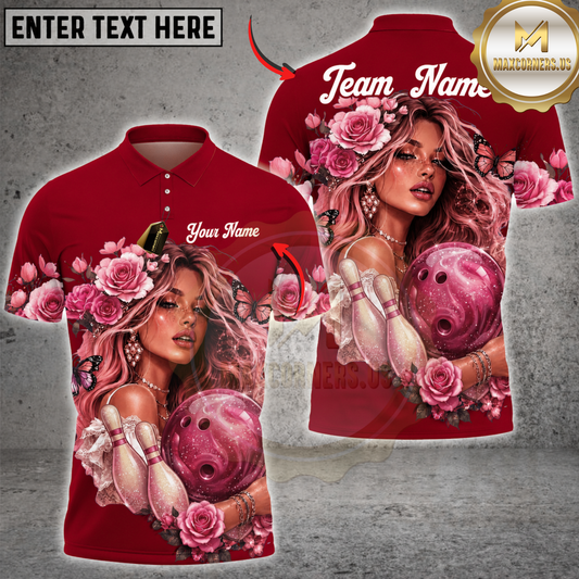 Maxcorners Bowling Pink Rose Girl Bowling Ball Design Personalized Name 3D Unisex Shirt