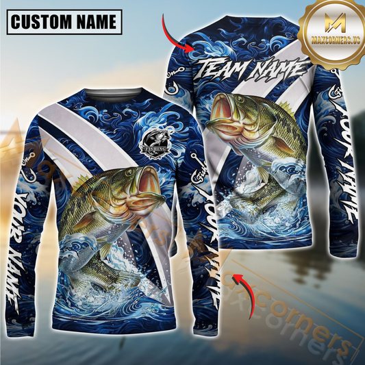Maxcorners Bass Fishing Blue Lava Smoke Silver Line Design Custom Name & Team Name 3D Shirts