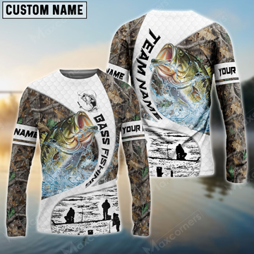 Maxcorners Bass Fishing Camo Fisher Sun Protection Personalized Name, Team Name Long Sleeve Shirt