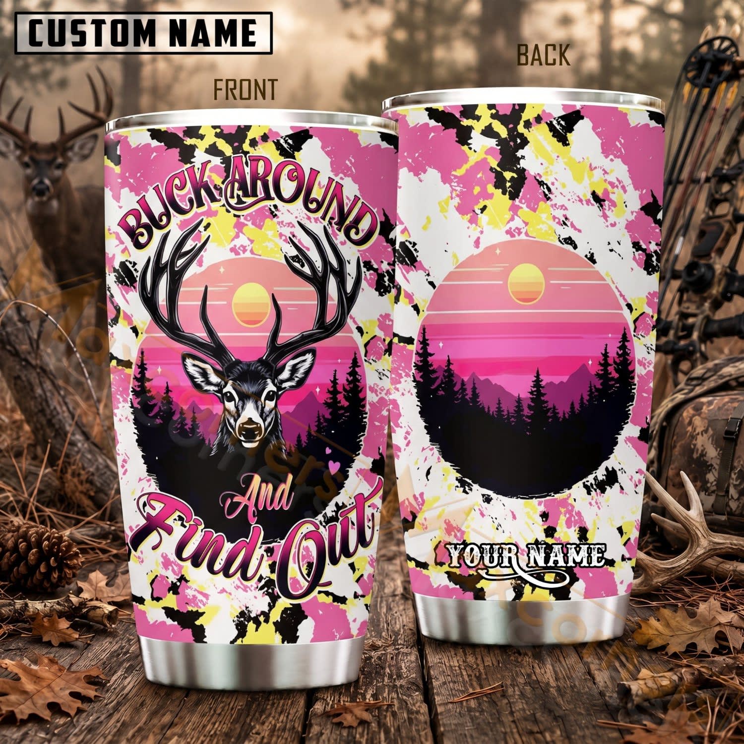 Maxcorners Hunting Pink Deer Mountain Sunset Personalized Name 3D Tumbler