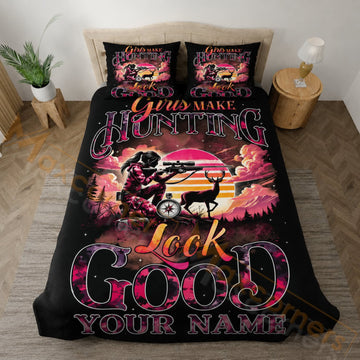 Maxcorners Hunting Deer Lock And Load Black Pink Design Bedding Set 3D Print Custom Name