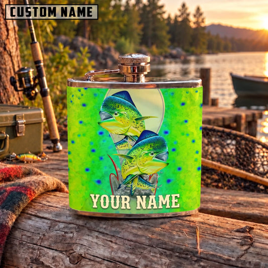 Maxcorners Fishing Mahi Mahi Green Ocean Splash Personalized Name 3D Hip Flask