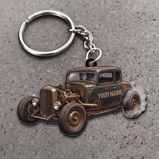 Maxcorners Hot Rod Rusty Brown Vintage Coupe with White Tire Smoke Personalized Name 3D Keychain And Ornament