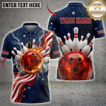 Maxcorners Bowling American Flag Red Flame Bowling Ball And Pins Personalized Name 3D Unisex Shirt