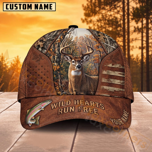Maxcorners Whitetail Deer Hunting Vintage Leather Wild Hearts Run Free Personalized Name 3D Cap