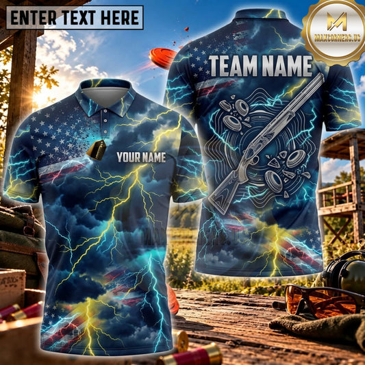 Maxcorners Clay Shooting Blue Lightning Shotgun Target Personalized Name 3D Unisex Shirt