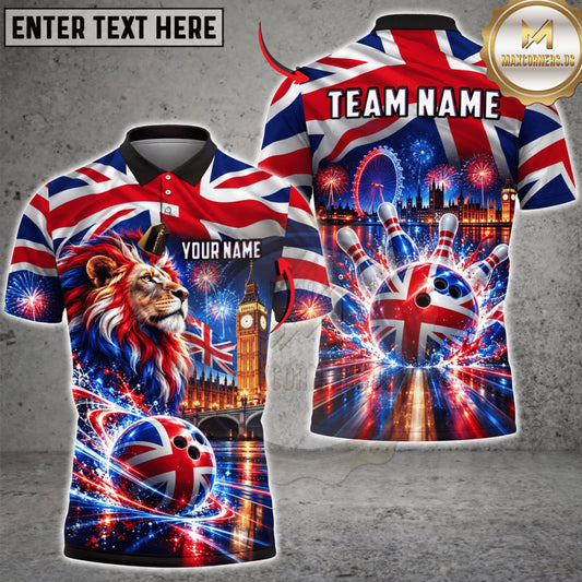 Maxcorners Bowling United Kingdom Flag Lion Bowling Ball Personalized Name 3D Unisex Shirt