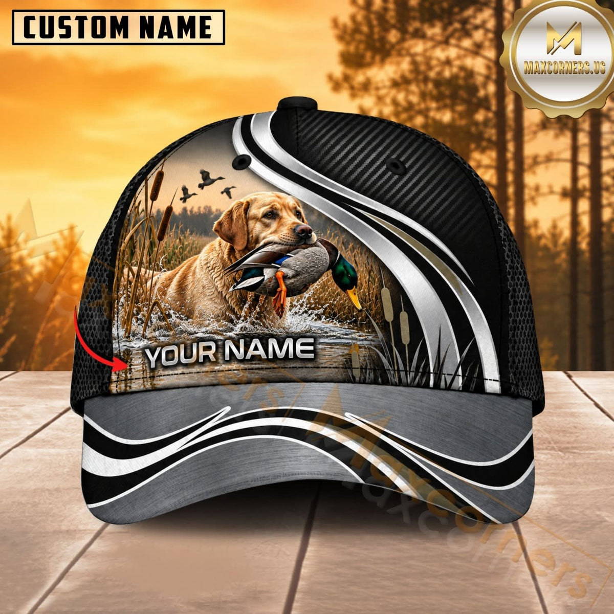 Maxcorners Dog Hunting And Duck Hunting Dog Black Silver Wave Personalized Name 3D Cap
-