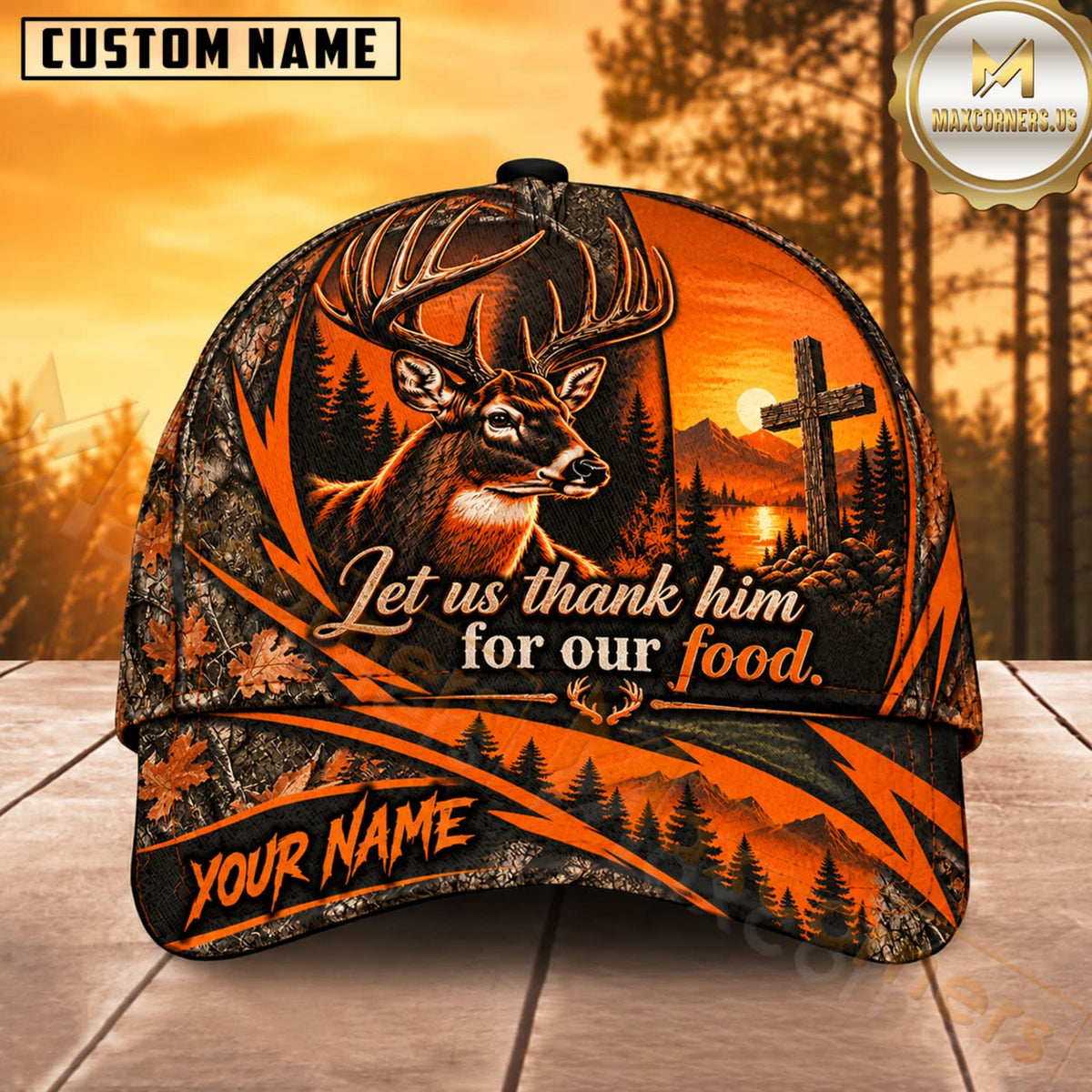 Maxcorners Deer Hunting Whitetail Buck Let Us Thank Him for Our Food Rustic Cross Camo Customized Name 3D Cap