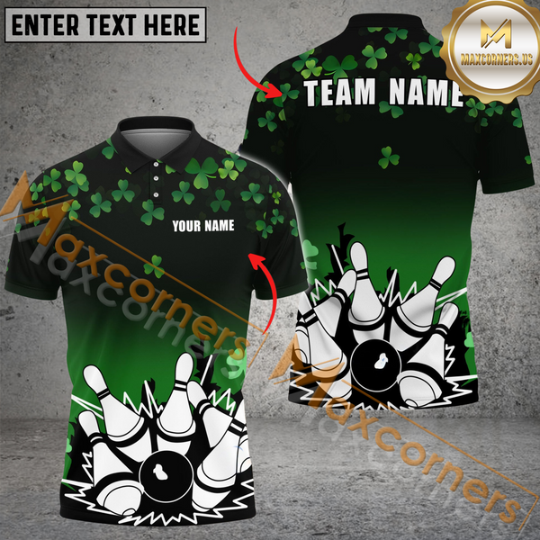 Maxcorners Bowling Ball & Pins St Patrick Multicolor Option Customized Name, Team Name 3D Polo Shirt