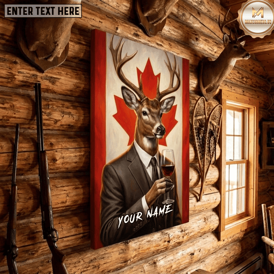 Maxcorners Deer Hunting Dapper Stag Suit Wine Glass Canada Flag Maple Leaf Canvas Wall Art