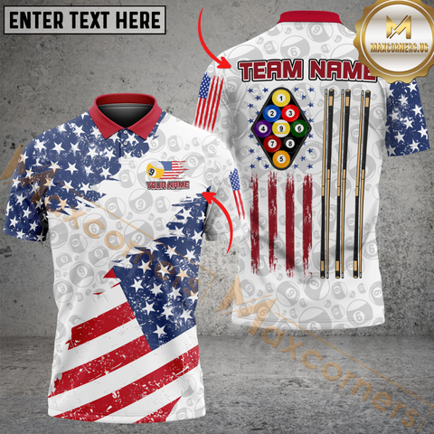 Maxcorners Ball 9 American Flag Pattern Billiard Jersey Customized Name, Team Name 3D Polo Shirt