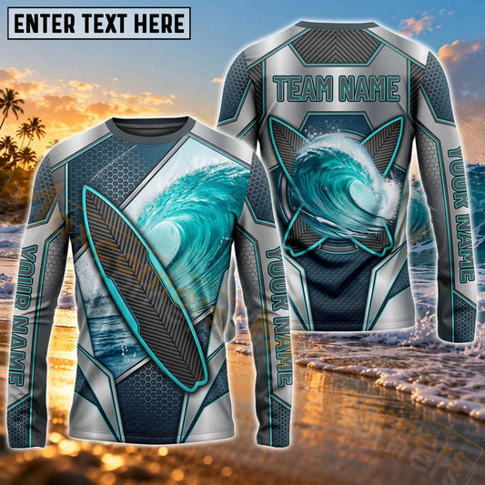 Maxcorners Surfing Coastal Ocean Adventure Art Customized Name, Team Name 3D Long Sleeve Shirt