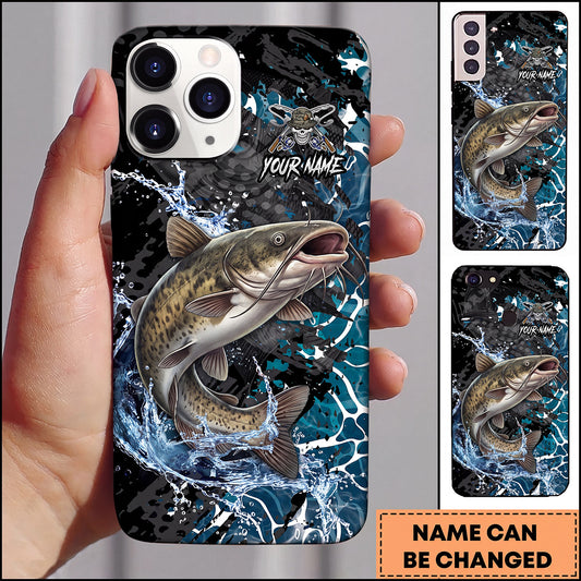 Maxcorners Black Teal Grunge Splash Personalized Name Phone Case (13 Fish Species)