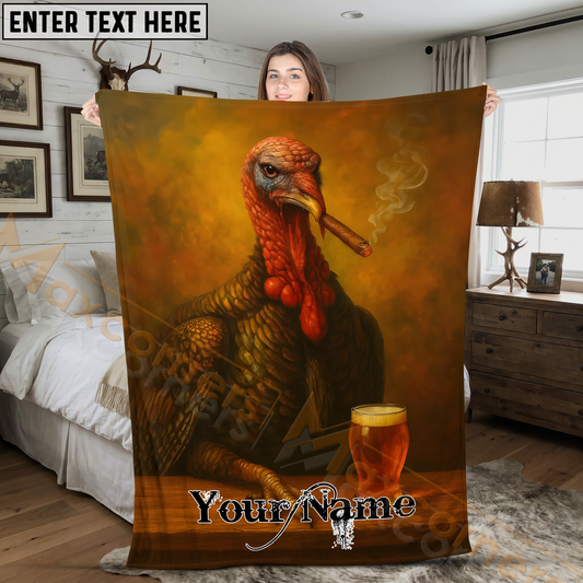 Maxcorners Funny Wild Turkey Smoking Cigar with Beer Glass Personalized 3D Blanket